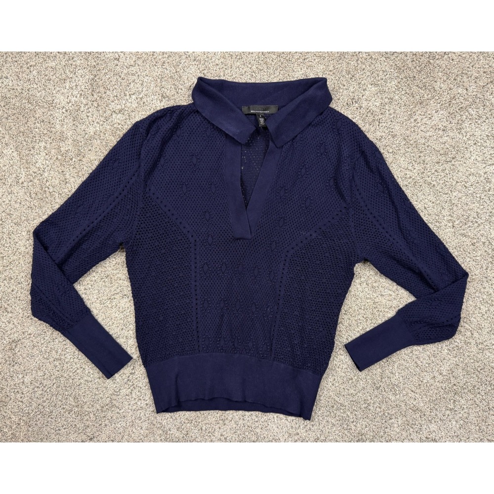White House Black Market Polo Thin Sweater Womens Small Navy Blue Pointelle